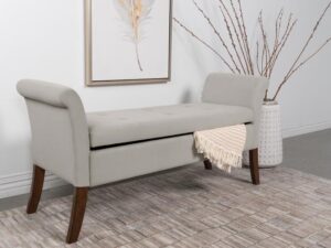 Farrah Velvet Upholstered Rolled Arm Storage Bench Beige	ration purposes only, actual product may vary. Fabric or finish color could vary due to lighting environment, or display screen resolution.